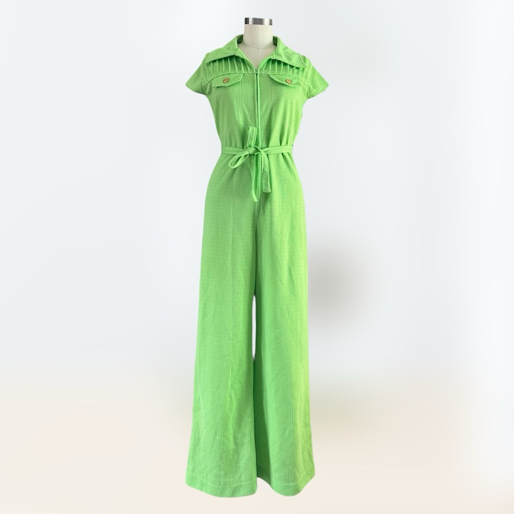 Vintage Happenings 1970s Green Belted Front Zip Jumpsuit